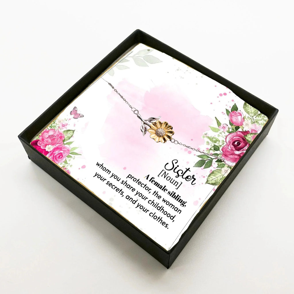 Sunflower Bracelet for Adult or Teen Sister – Sterling Silver with 18K Gold-Plated Petals – Meaningful Birthday, Christmas, or Friendship Gift with Sentimental Message Card