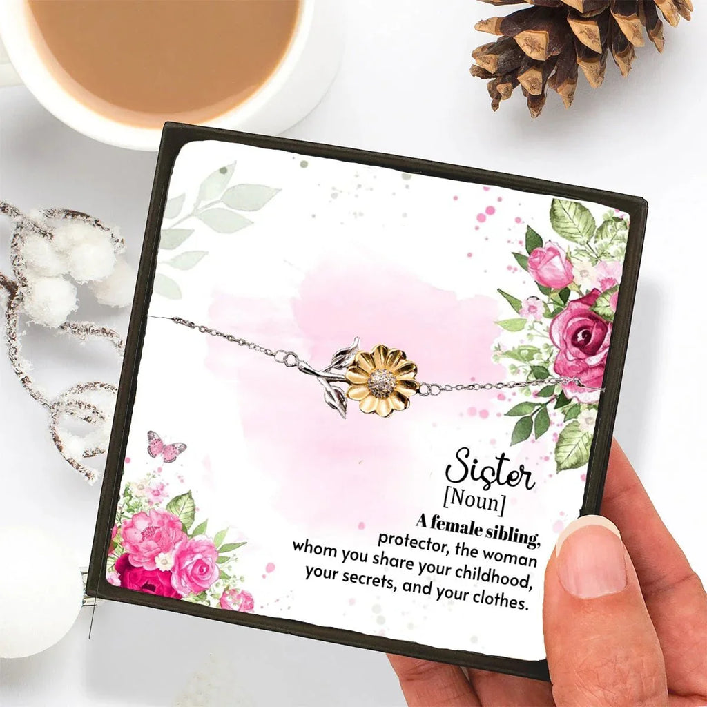 Sunflower Bracelet for Adult or Teen Sister – Sterling Silver with 18K Gold-Plated Petals – Meaningful Birthday, Christmas, or Friendship Gift with Sentimental Message Card