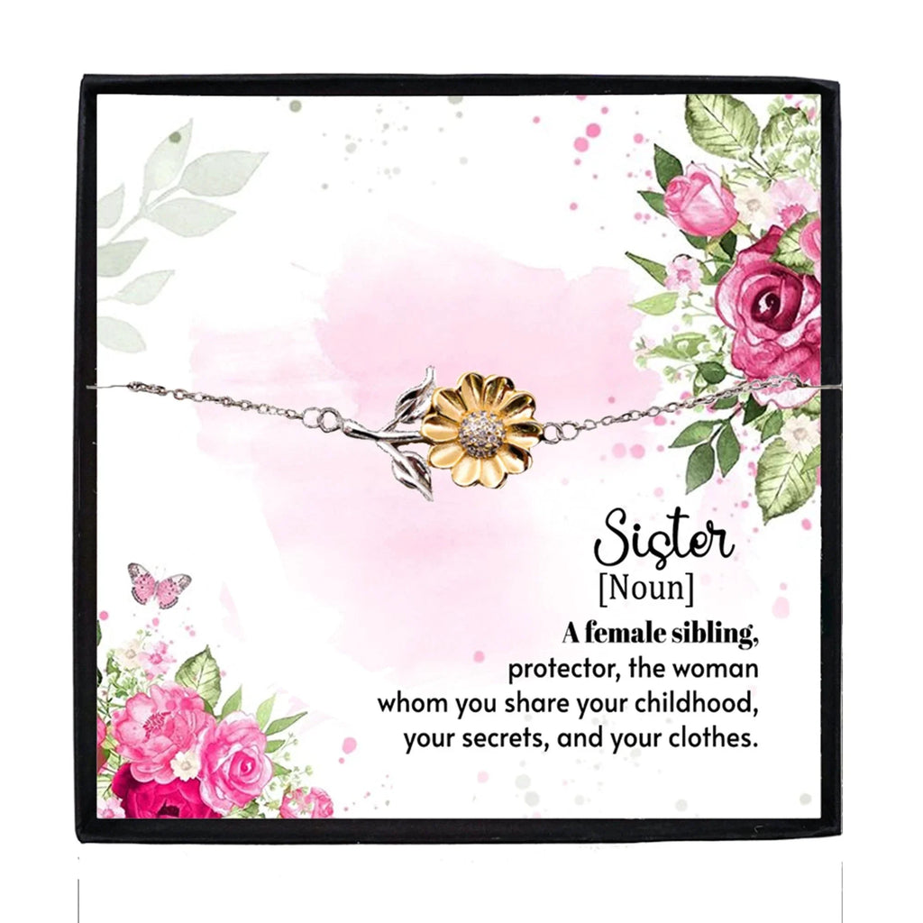 Sunflower Bracelet for Adult or Teen Sister – Sterling Silver with 18K Gold-Plated Petals – Meaningful Birthday, Christmas, or Friendship Gift with Sentimental Message Card