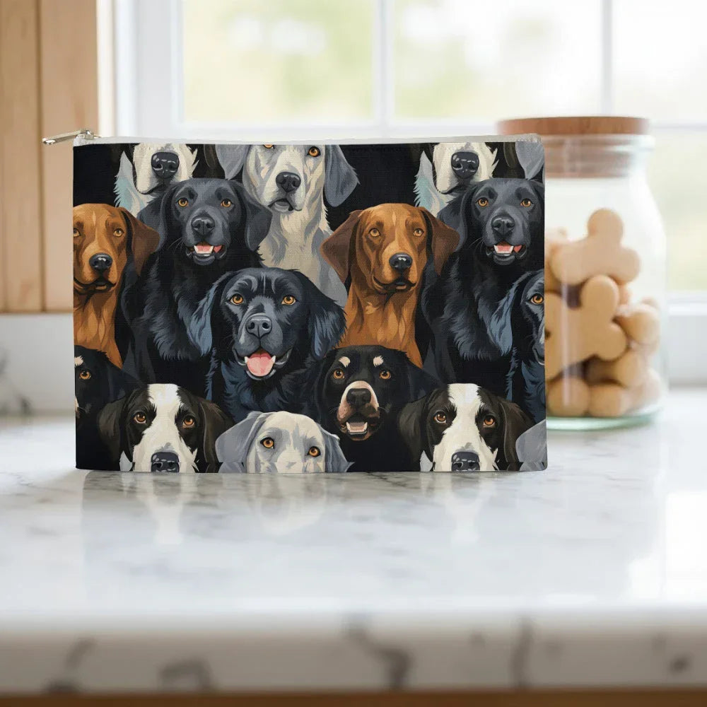 Dog Lover's Everyday Zipper Bag – Double-Sided Dog Print | 12.5" x 8.5" Durable Polyester Pouch with Optional Black or White Lining and Zipper