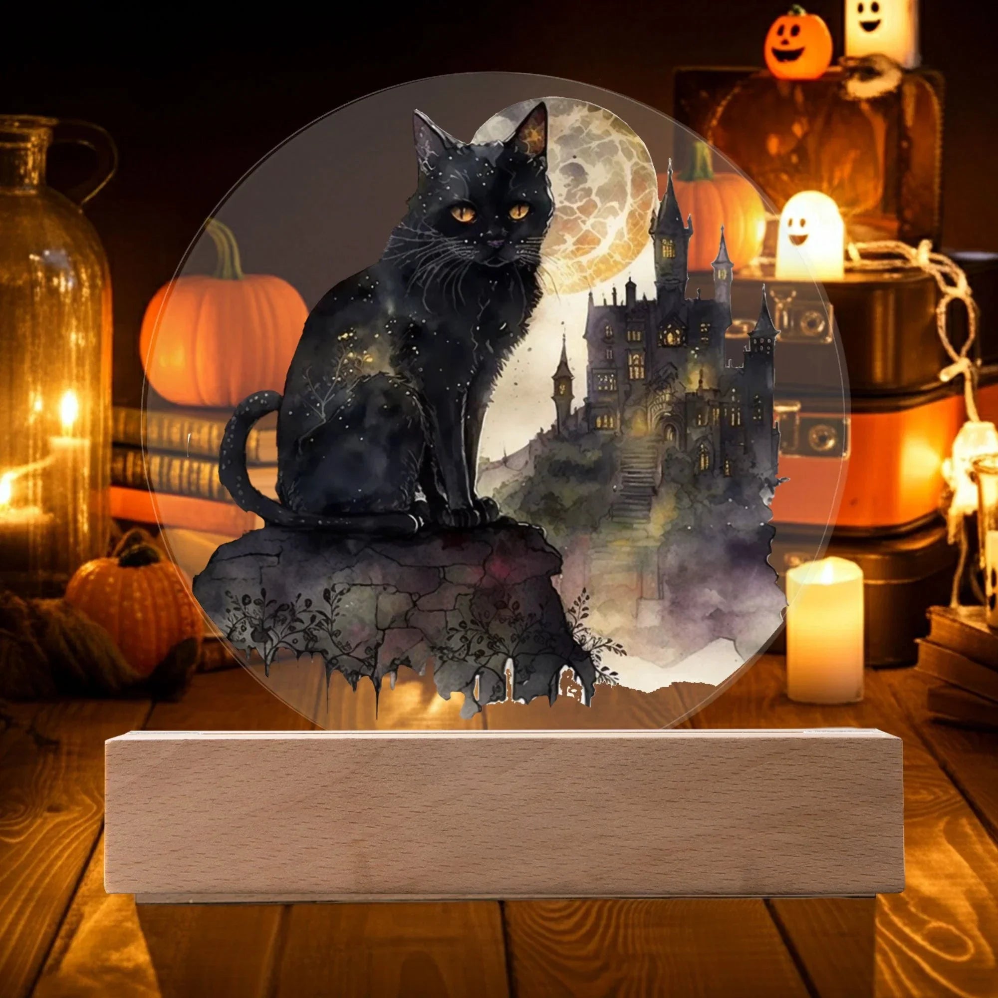 All Hallow's Black Cat Silhouette Acrylic Plaque Halloween Decor with Lighted LED Wooden Base