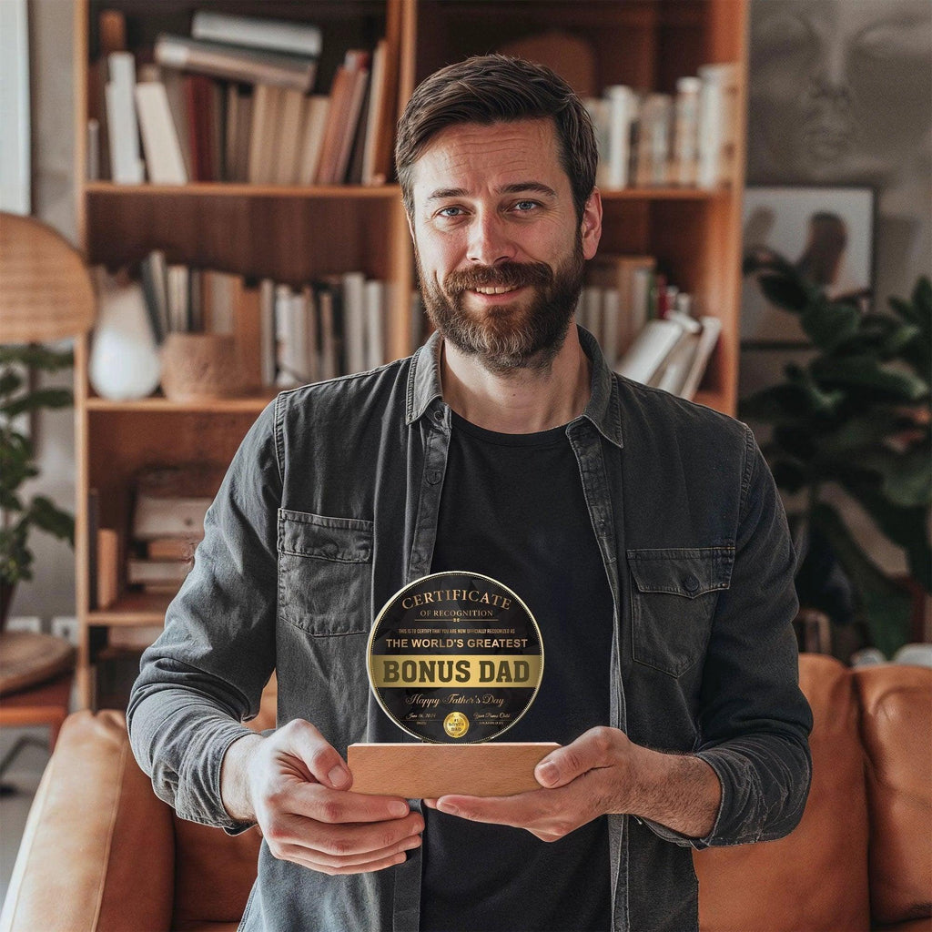 World’s Greatest Bonus Dad Round Acrylic LED Plaque – Personalized Certificate Gift from Bonus Child | Father's Day Edition