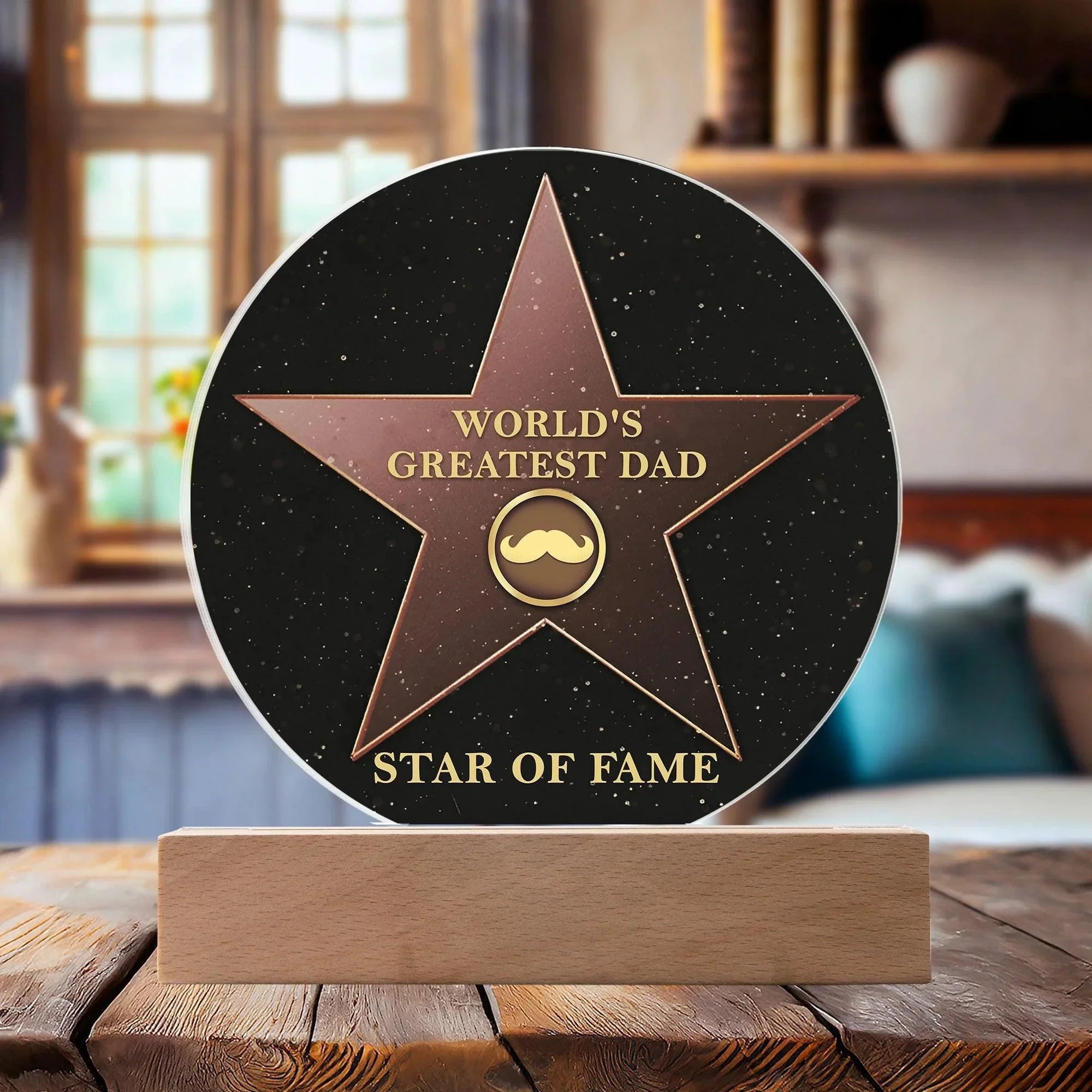 World’s Greatest Dad “Star of Fame” Round Acrylic LED Plaque – Hollywood-Inspired Gift for Father’s Day or Birthday