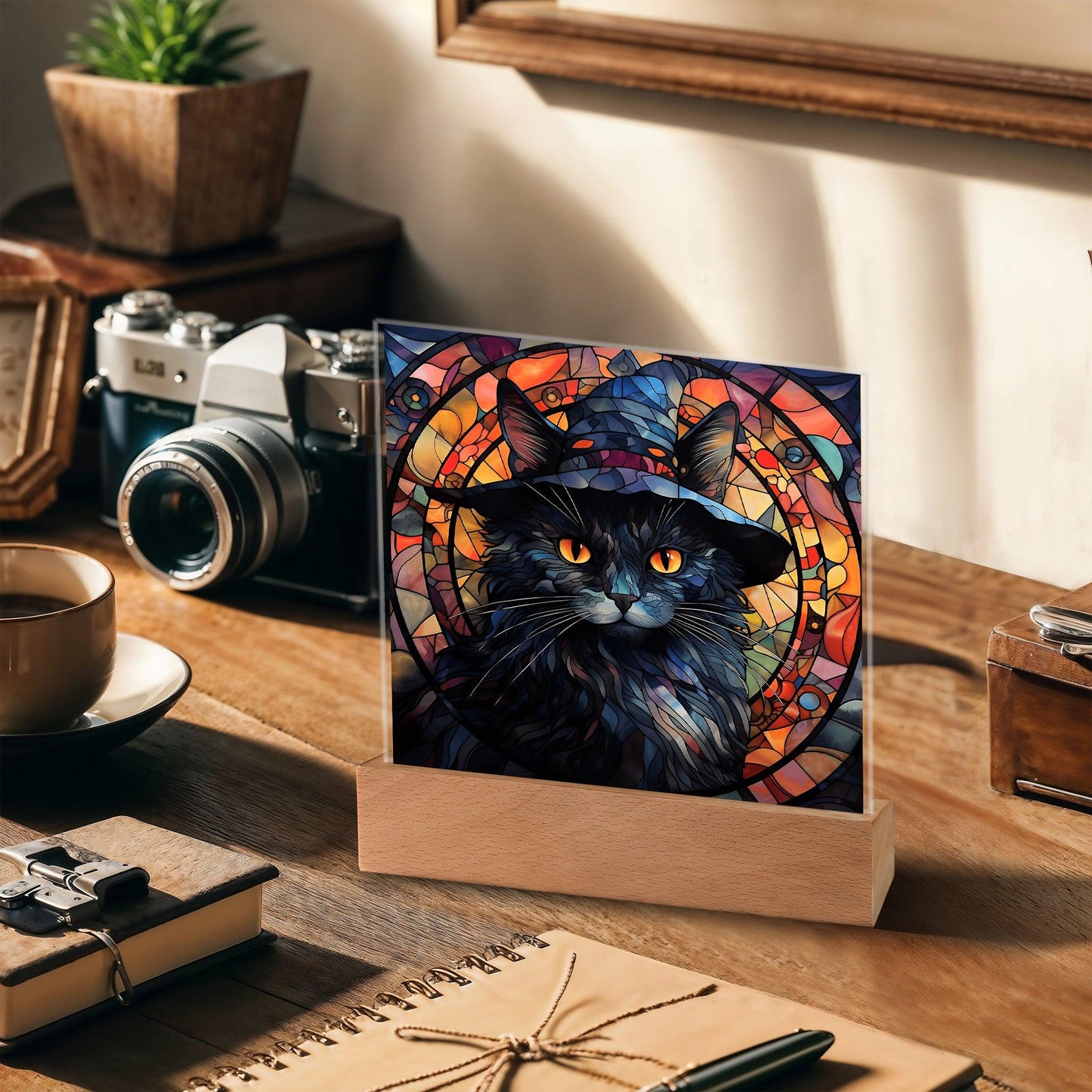Halloween Decor - Spooky Black Cat Acrylic Square Plaque with LED Wooden Base - Mallard Moon Gift Shop