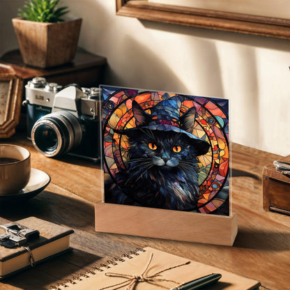 Halloween Decor - Spooky Black Cat Acrylic Square Plaque with LED Wooden Base - Mallard Moon Gift Shop