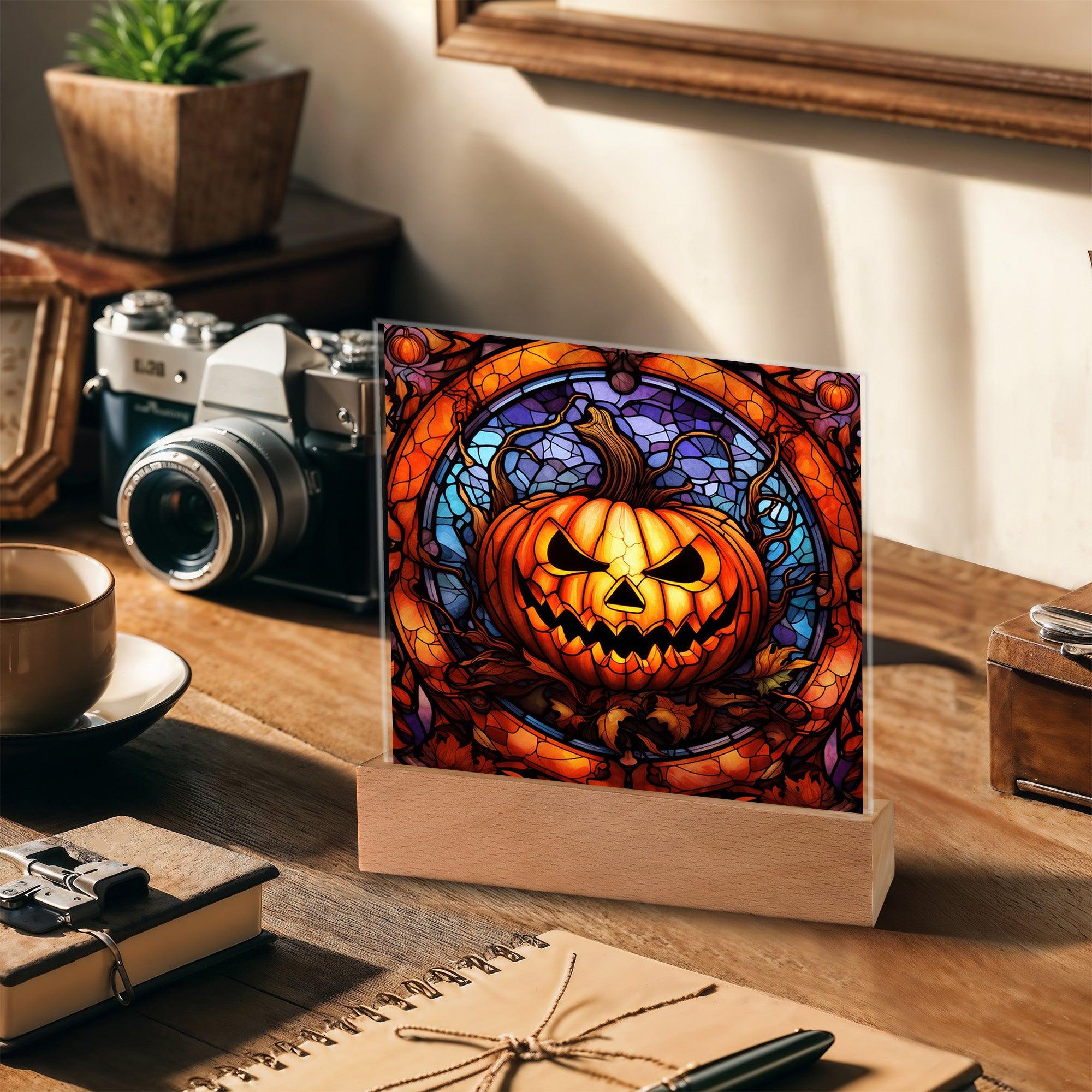 Halloween Pumpkin Stained-Glass Acrylic Square Plaque with LED Wooden Base - Mallard Moon Gift Shop