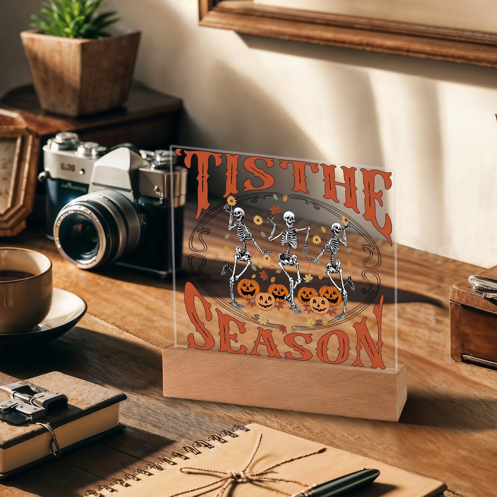 Halloween Decor - Tis The Season Acrylic Square Plaque with LED Wooden Base - Mallard Moon Gift Shop