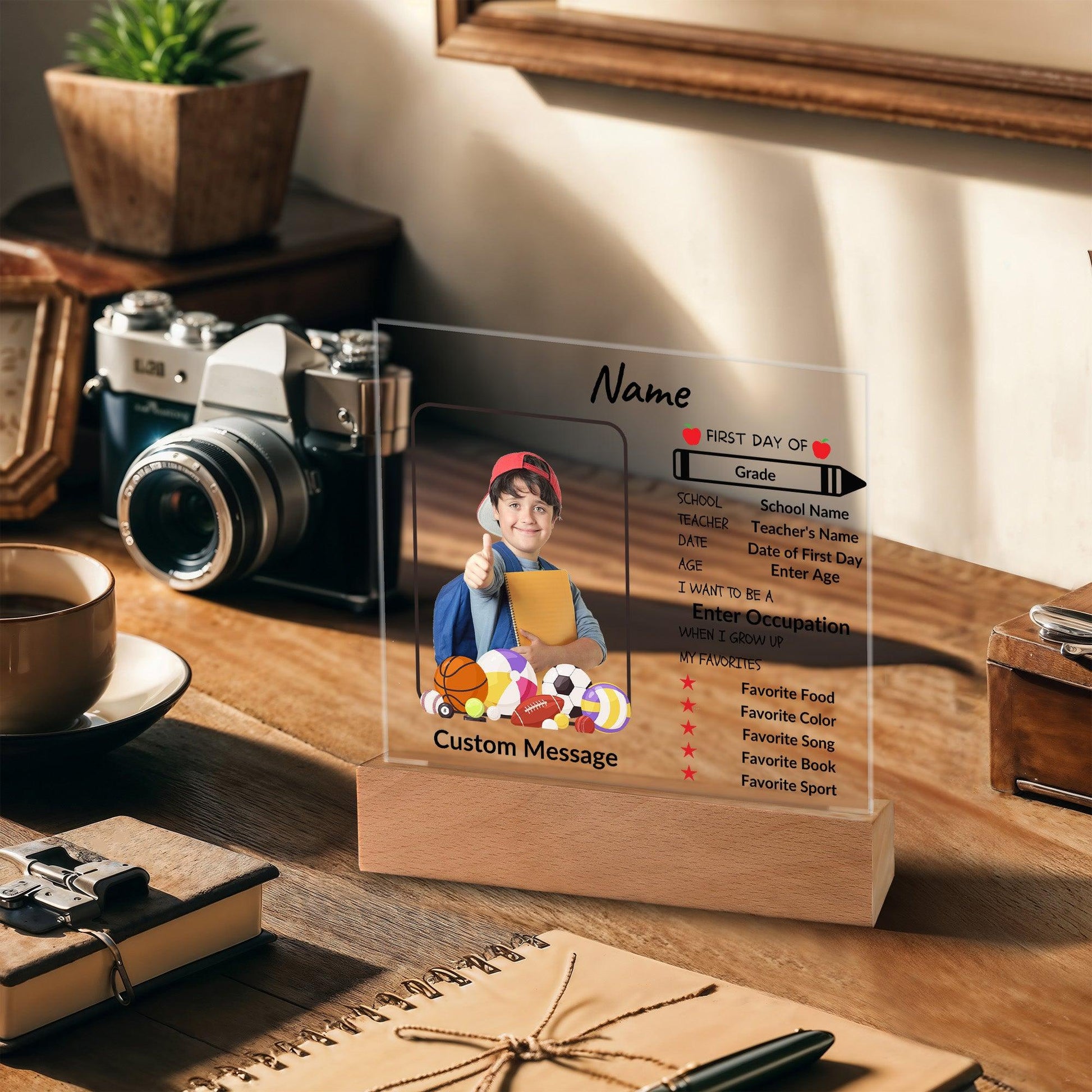First Day of School Stats and Photo Upload Personalized Keepsake Acrylic Plaque - Mallard Moon Gift Shop