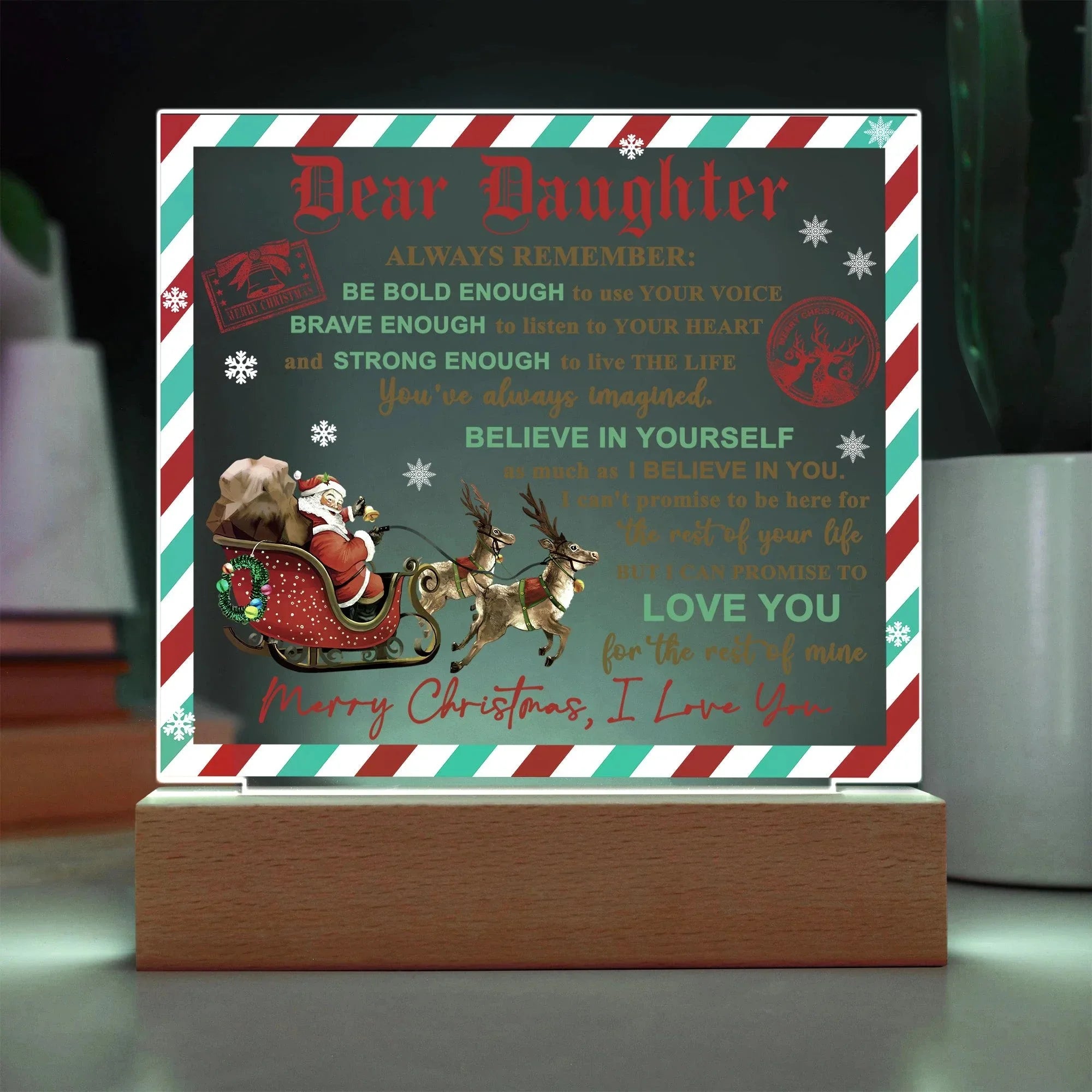 Daughter - Use Your Voice Christmas Acrylic Square Plaque with LED Wooden Base