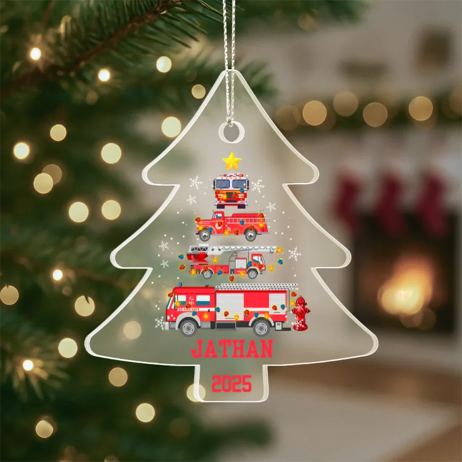 Personalized Firetruck Christmas Tree Ornament – Custom Name Firefighter Holiday Acrylic Keepsake 2025