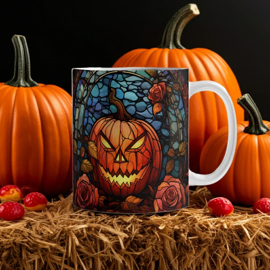 Stained Glass Pumpkin Halloween Mug – Vibrant Jack-O'-Lantern Coffee Cup | Fall Drinkware