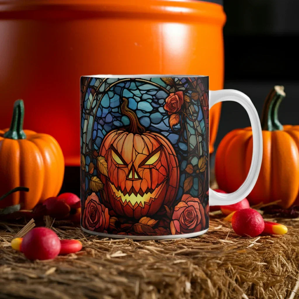 Stained Glass Pumpkin Halloween Mug – Vibrant Jack-O'-Lantern Coffee Cup | Fall Drinkware