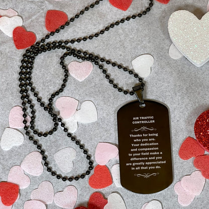 Air Traffic Controller Dog Tag Necklace – Laser Engraved Stainless Steel Pendant with Appreciation Message – Durable, Tarnish-Resistant Jewelry Gift for Aviation Professionals - Mallard Moon Gift Shop