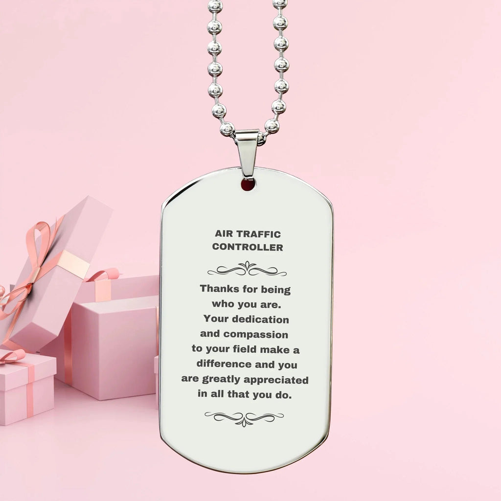 Air Traffic Controller Silver Dog Tag Necklace – Laser Engraved Stainless Steel Pendant with Appreciation Message – Durable, Tarnish-Resistant Jewelry Gift for Aviation Professionals