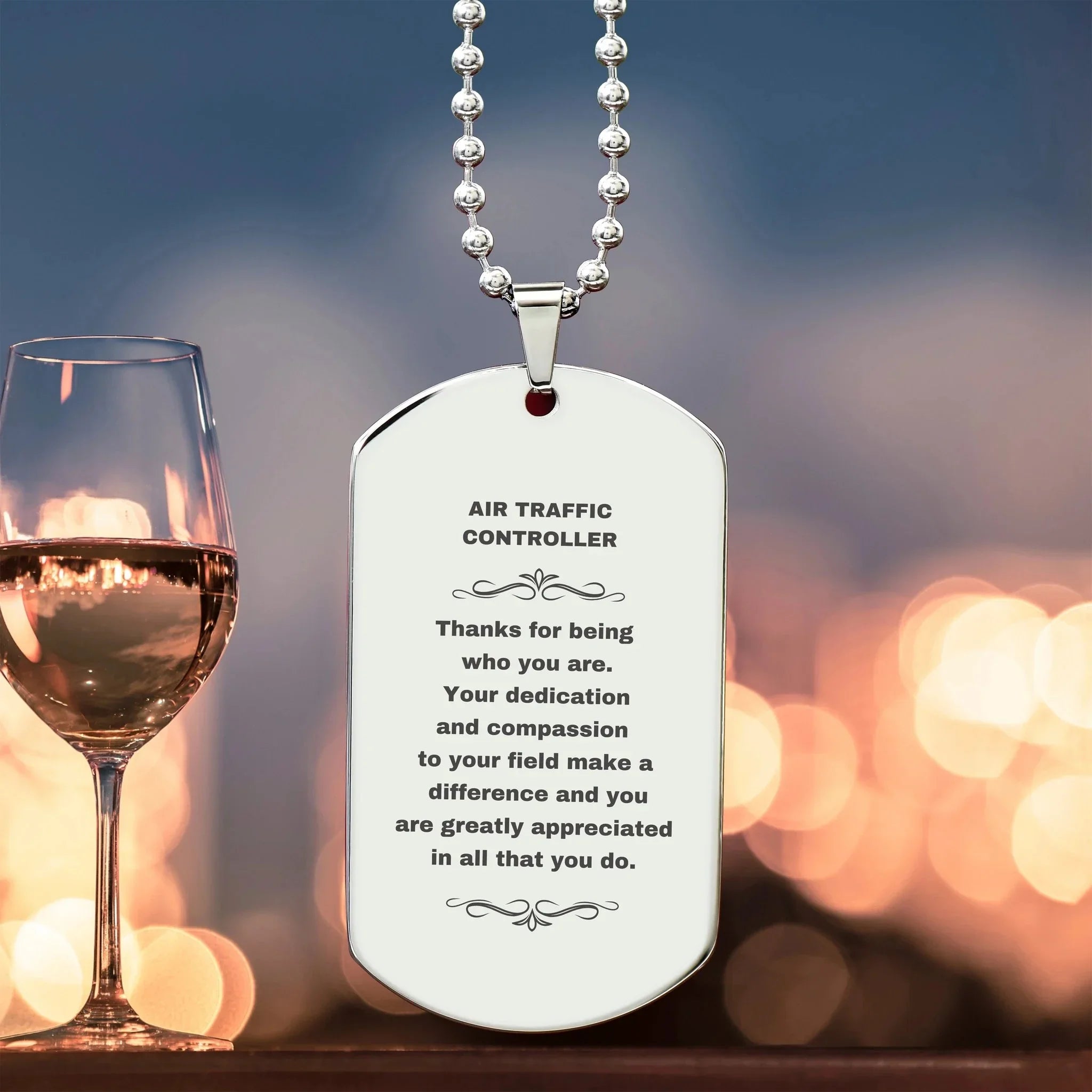 Air Traffic Controller Silver Dog Tag Necklace – Laser Engraved Stainless Steel Pendant with Appreciation Message – Durable, Tarnish-Resistant Jewelry Gift for Aviation Professionals