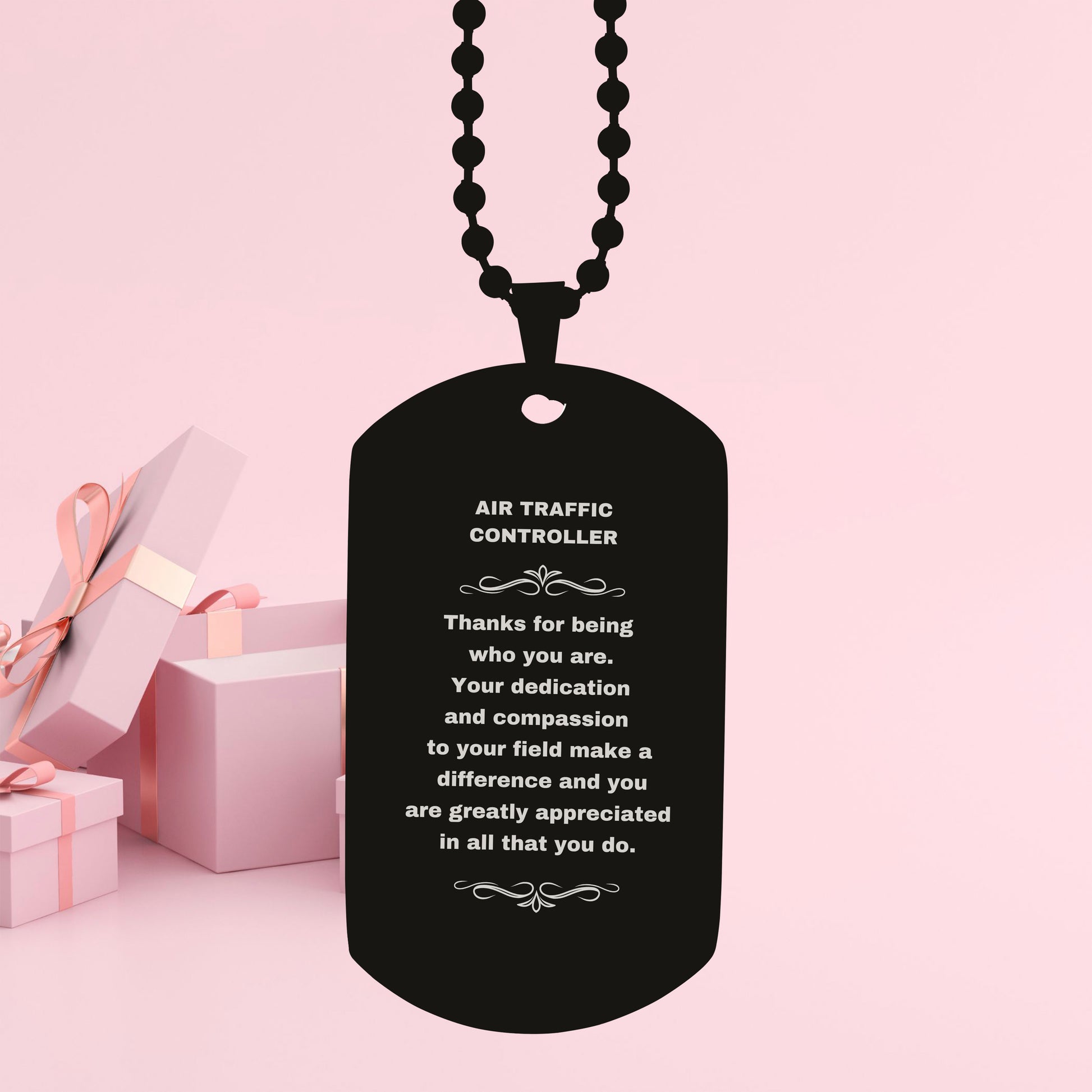Air Traffic Controller Dog Tag Necklace – Laser Engraved Stainless Steel Pendant with Appreciation Message – Durable, Tarnish-Resistant Jewelry Gift for Aviation Professionals - Mallard Moon Gift Shop