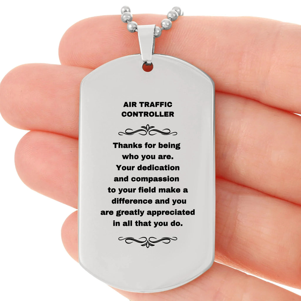 Air Traffic Controller Silver Dog Tag Necklace – Laser Engraved Stainless Steel Pendant with Appreciation Message – Durable, Tarnish-Resistant Jewelry Gift for Aviation Professionals