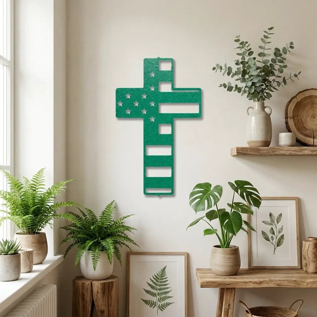 American Flag Cross Metal Wall Art – Patriotic Christian Cross Decor – USA Flag Faith Steel Sign – Veteran Tribute Wall Decor