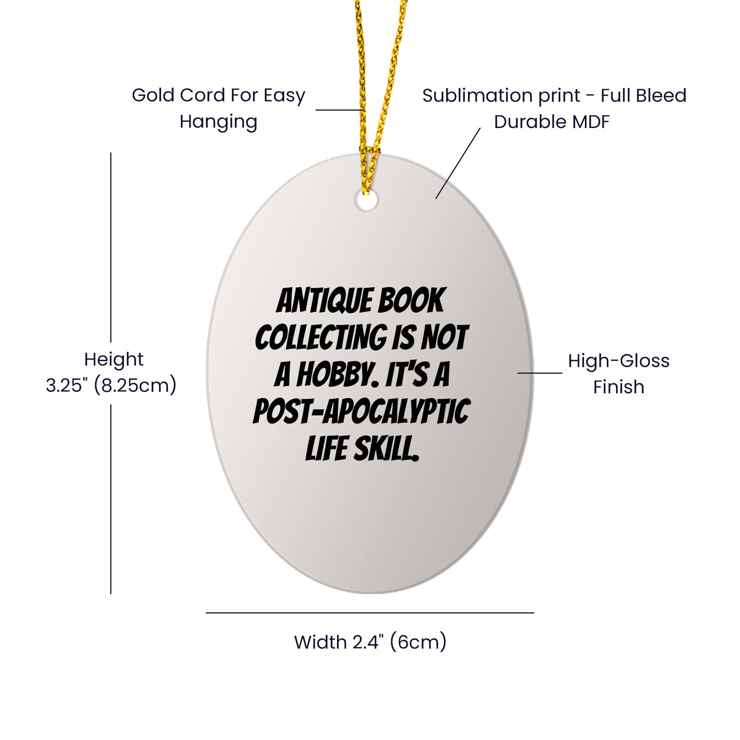 Antique Book Collecting Gifts for Men - Oval Ornament, Funny Quote, Christmas Unique Gifts from Friends, Durable MDF Construction, Ships with Gold Cord