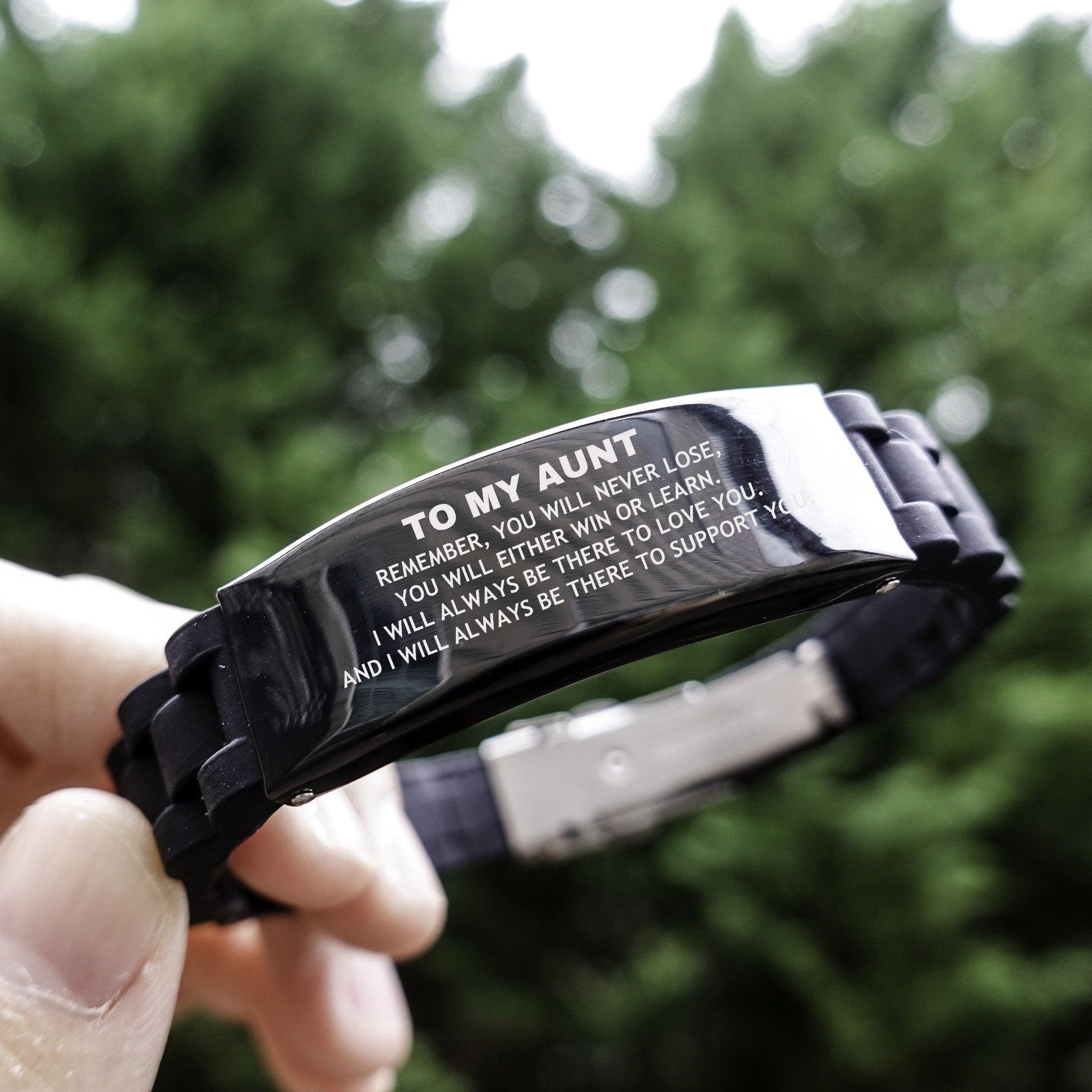 Aunt Gifts, To My Aunt Remember, you will never lose. You will either WIN or LEARN, Keepsake Black Glidelock Clasp Bracelet For Aunt Engraved, Birthday Christmas Gifts Ideas For Aunt X-mas Gifts - Mallard Moon Gift Shop