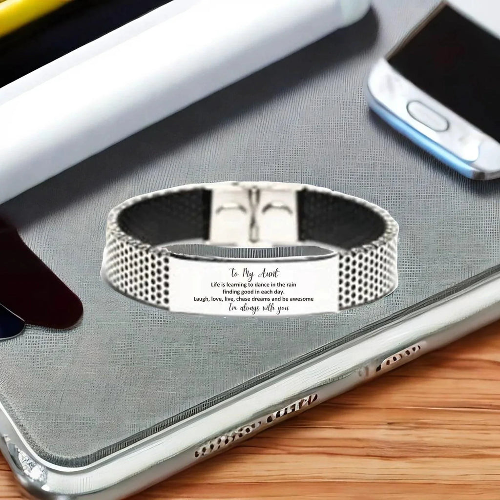 Aunt Christmas Perfect Gifts, Aunt Stainless Steel Bracelet, Motivational Aunt Engraved Gifts, Birthday Gifts For Aunt, To My Aunt Life is learning to dance in the rain,. I'm always with you