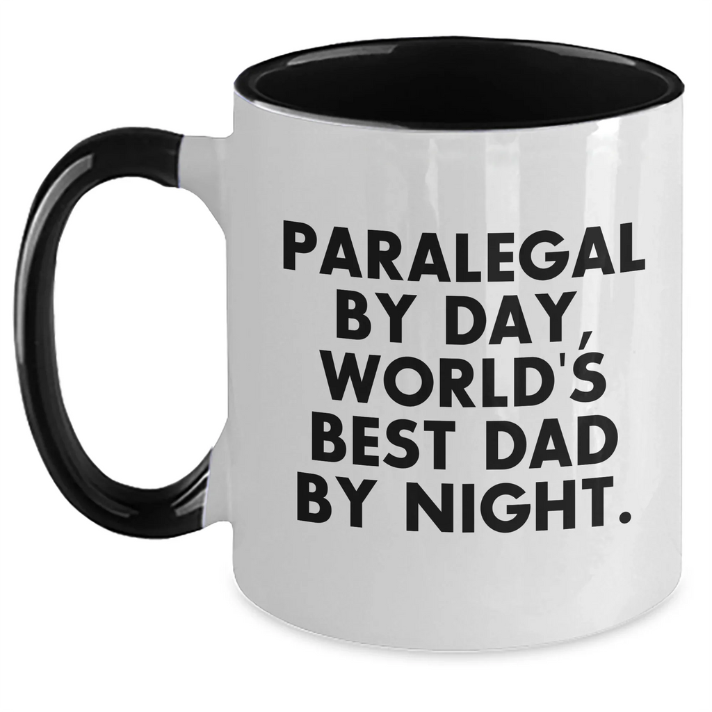 Paralegal Humor Two Tone Coffee Mug, Gifts from Dad, Gifts for Paralegal By Day, World's Best Dad By Night, Father's Day Unique Gift