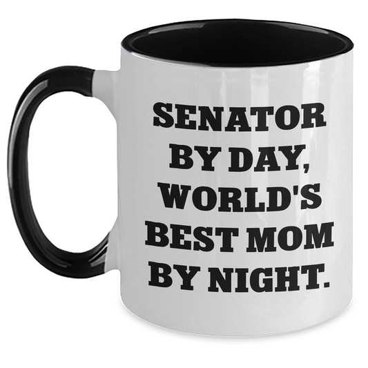Funny Senator Gifts - Senator By Day, World's Best Mom By Night. Two Tone Coffee Mug for Dad's, Men, Family, Father's Day, and More - Main