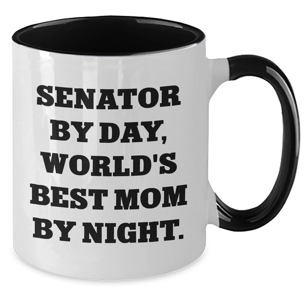 Funny Senator Gifts - Senator By Day, World's Best Mom By Night. Two Tone Coffee Mug for Dad's, Men, Family, Father's Day, and More