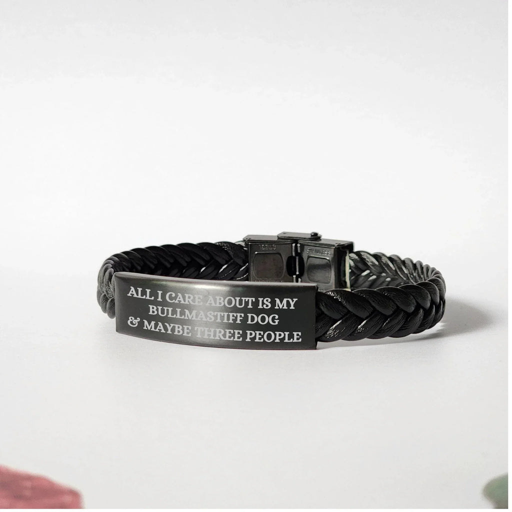 Braided Bullmastiff Dog Bracelet – “All I Care About Is My Bullmastiff Dog & Maybe Three People” – Interwoven Adjustable Cord Design