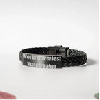 Bold Watchmaker Leather Bracelet Engraved Steel Keepsake