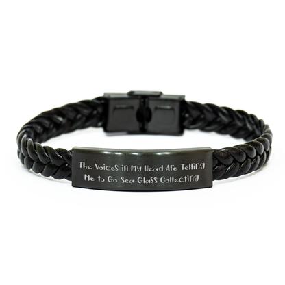 Funny Sea Glass Collecting Gifts for Men, Interlaced Leather Bracelet with Quote 'The Voices In My Head Are Telling Me To Go Sea Glass Collecting' - Gifts from Dad, Father's Day Unique Presents - Image 1