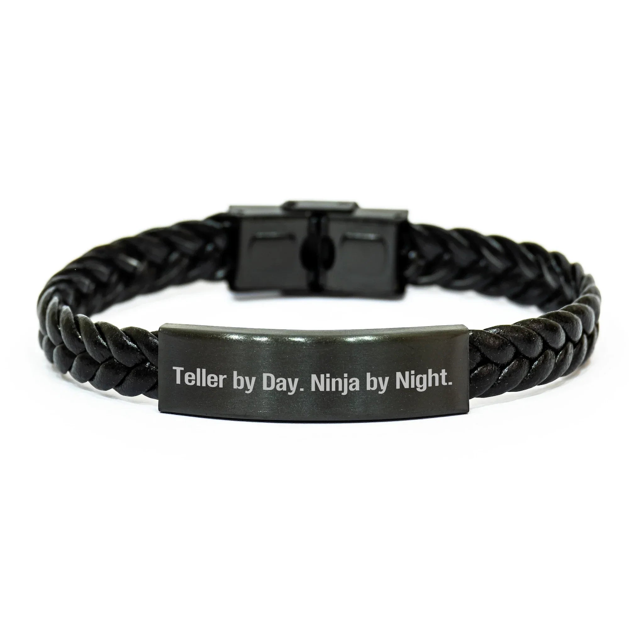 Teller Gifts, Funny Inspirational Quotes, Interlaced Leather Bracelet for Men, Women, Friends, Coworkers, Family - Teller By Day. Ninja By Night.