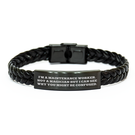 Funny Maintenance Worker Gifts, 'I'm A Maintenance Worker. Not A Magician...' Interlaced Leather Bracelet for Dad on Father's Day - Gifts from Friends - Image 1