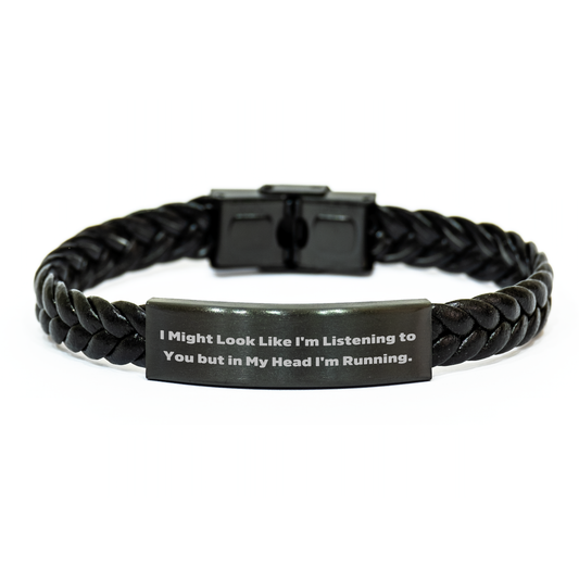 Funny Running Gifts for Men - Interlaced Leather Bracelet with Quote 'I Might Look Like I'm Listening To You But In My Head I'm Running.' from Dad - Image 1