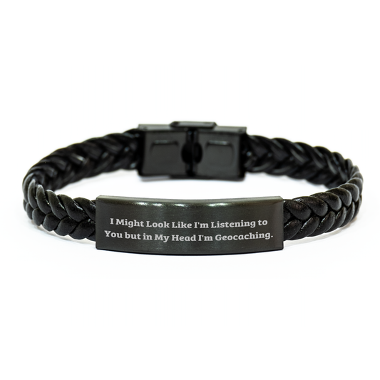 Funny Geocaching Gifts for Men - Interlaced Leather Bracelet, 'I Might Look Like I'm Listening...' Quote, Father's Day Unique Gifts from Friends, Coworkers, or Family - Image 1