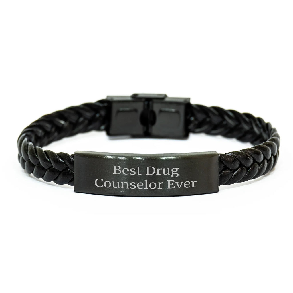 Funny Drug Counselor Gifts from Friends to Men on Father's Day - Interlaced Leather Bracelet 'Best Drug Counselor Ever' for Him, Handmade Stainless Steel and PU Leather, 7.87 inches
