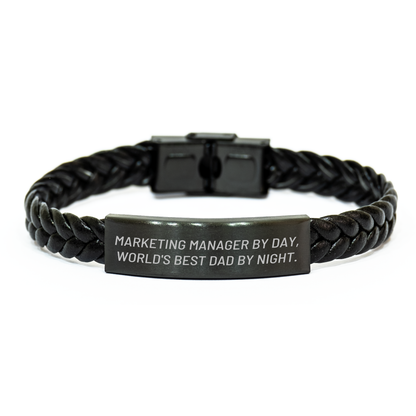Marketing Manager Gifts, Funny Quote Interlaced Leather Bracelet, 7.87 inches Long, Gifts from Men, Marketing Manager by Day, World's Best Dad By Night. - Image 1