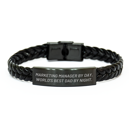 Marketing Manager Gifts, Funny Quote Interlaced Leather Bracelet, 7.87 inches Long, Gifts from Men, Marketing Manager by Day, World's Best Dad By Night. - Image 1