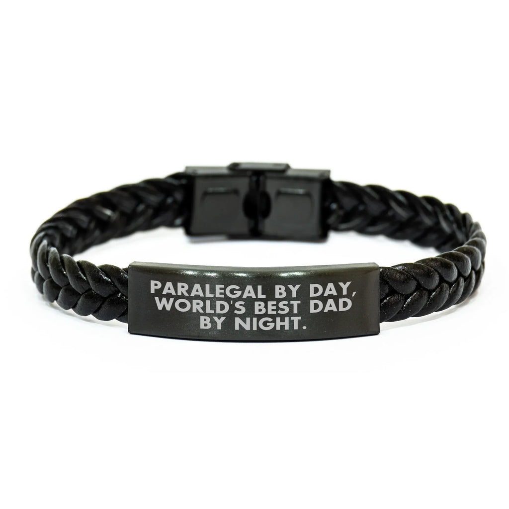 Paralegal Gifts for Dad, 'Paralegal By Day, World's Best Dad By Night.' Interlaced Leather Bracelet - Father's Day Unique Gifts from Men