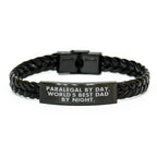 Paralegal Gifts for Dad, 'Paralegal By Day, World's Best Dad By Night.' Interlaced Leather Bracelet - Father's Day Unique Gifts from Men