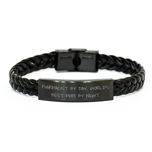 Funny Pharmacist Gifts - Interlaced Leather Bracelet for Men - Pharmacist By Day, World's Best Mom By Night. - Unique Father's Day Unique Gift from Family - Image 1
