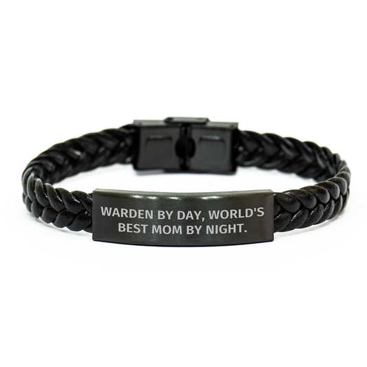 Warden's Proud Interlaced Leather Bracelet, Funny Mom Quote, Gifts from Mom to Warden, Father's Day Unique Gifts for Men - Image 1