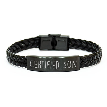Funny Son Gifts from Men - Interlaced Leather Bracelet for His Father's Day, 'Certified Son' Quote, Stainless Steel and PU Leather Combination - Image 1