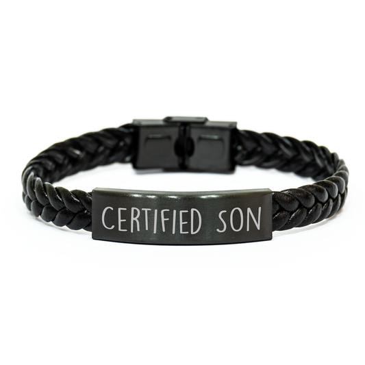 Funny Son Gifts from Men - Interlaced Leather Bracelet for His Father's Day, 'Certified Son' Quote, Stainless Steel and PU Leather Combination - Image 1