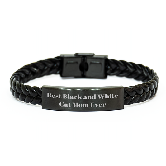 Funny Black and White Cat Mom Interlaced Leather Bracelet Gifts from Men for Father's Day - Inspirational Quote - Image 1