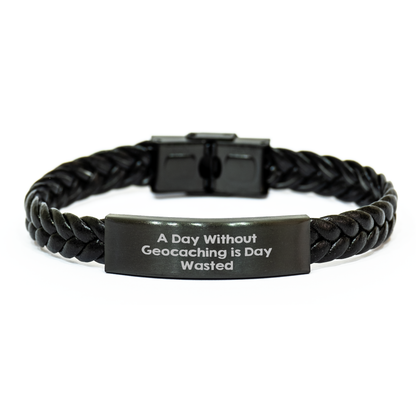 Geocaching Enthusiasts' Delight, 'A Day Without Geocaching Is Day Wasted' Quote, Interlaced Leather Bracelet for Men, Unique Father's Day Unique Gifts from Friends, Gifts for Geocaching Lovers - Image 1