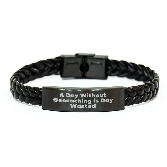 Funny Geocaching Gifts for Men - A Day Without Geocaching Is Day Wasted Interlaced Leather Bracelet, Gifts from Friends and Family for Father's Day - Image 1