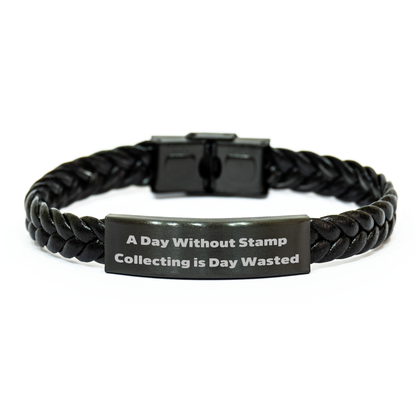 Unique Stamp Collecting Gifts for Men - 'A Day Without Stamp Collecting Is Day Wasted' Interlaced Leather Bracelet from Family - Image 1