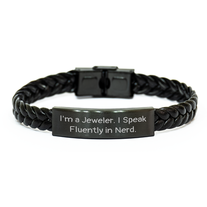 Jeweler Gifts from Men, Funny Quote Interlaced Leather Bracelet for Women, Mother's Day Unique Gifts from Family, 'I'm A Jeweler. I Speak Fluently In genius.' - Image 1