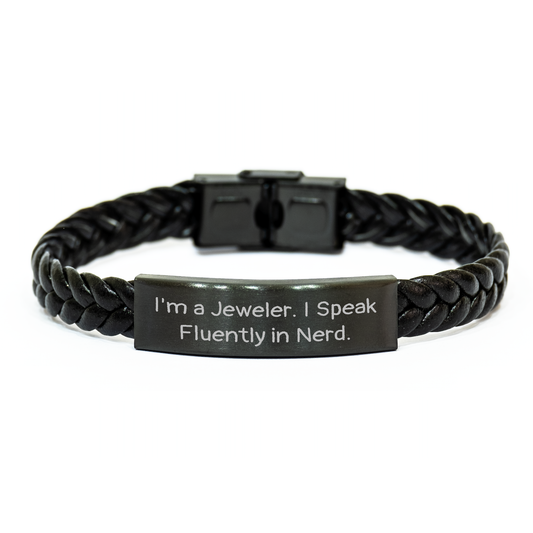 Jeweler Gifts from Men, Funny Quote Interlaced Leather Bracelet for Women, Mother's Day Unique Gifts from Family, 'I'm A Jeweler. I Speak Fluently In genius.' - Image 1